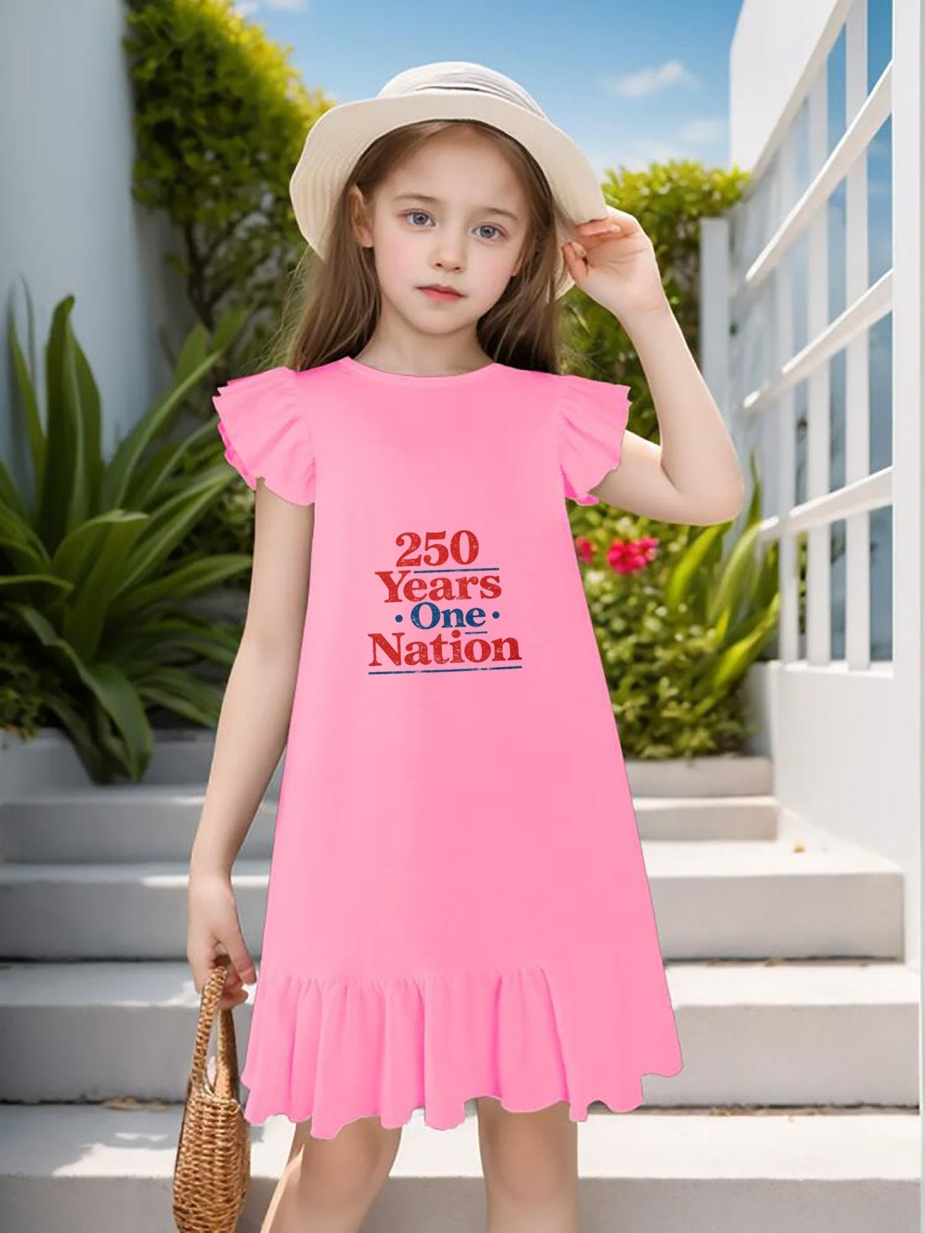 America 250th. Graphic Flutter Sleeve Dress, Soft Cotton Outfit for Girls Daily & Party
