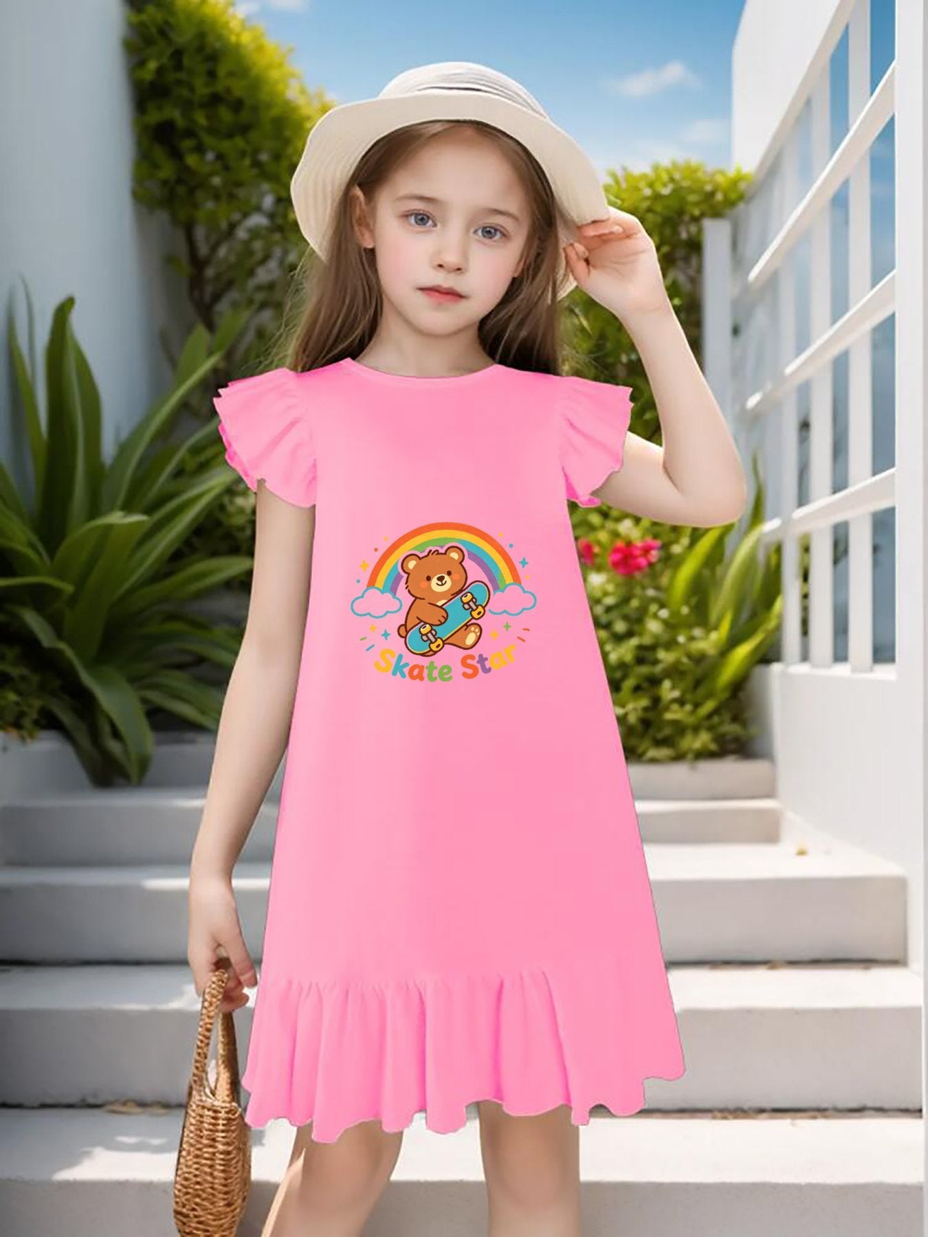 "Skate Star" Graphic Flutter Sleeve Dress, Soft Cotton Outfit for Girls Daily & Party
