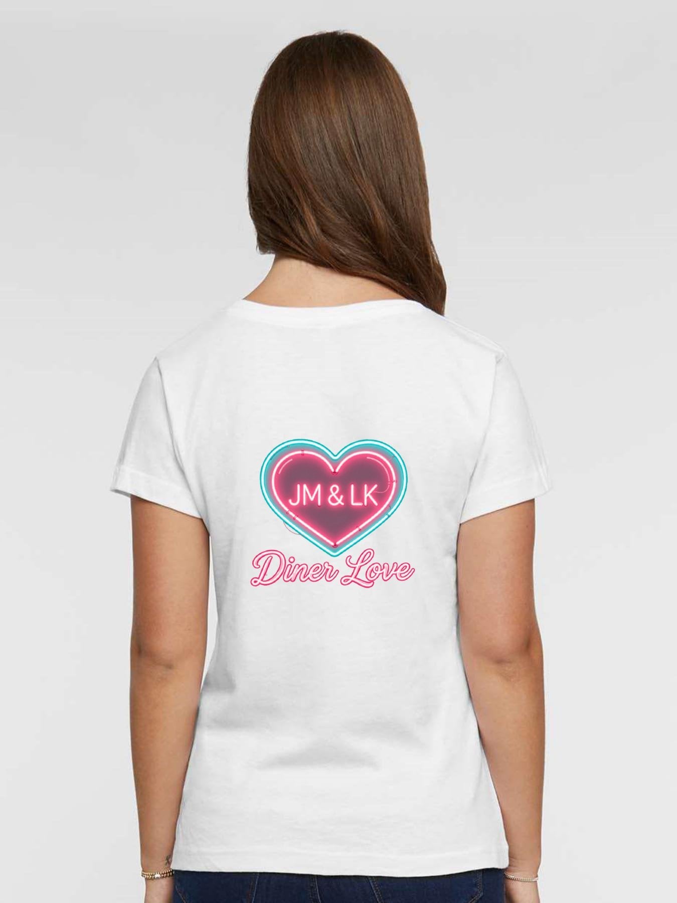 Pure Cotton V-neck Women's "Diner Love" Graphic T-Shirt, USA Casual Cotton Tee