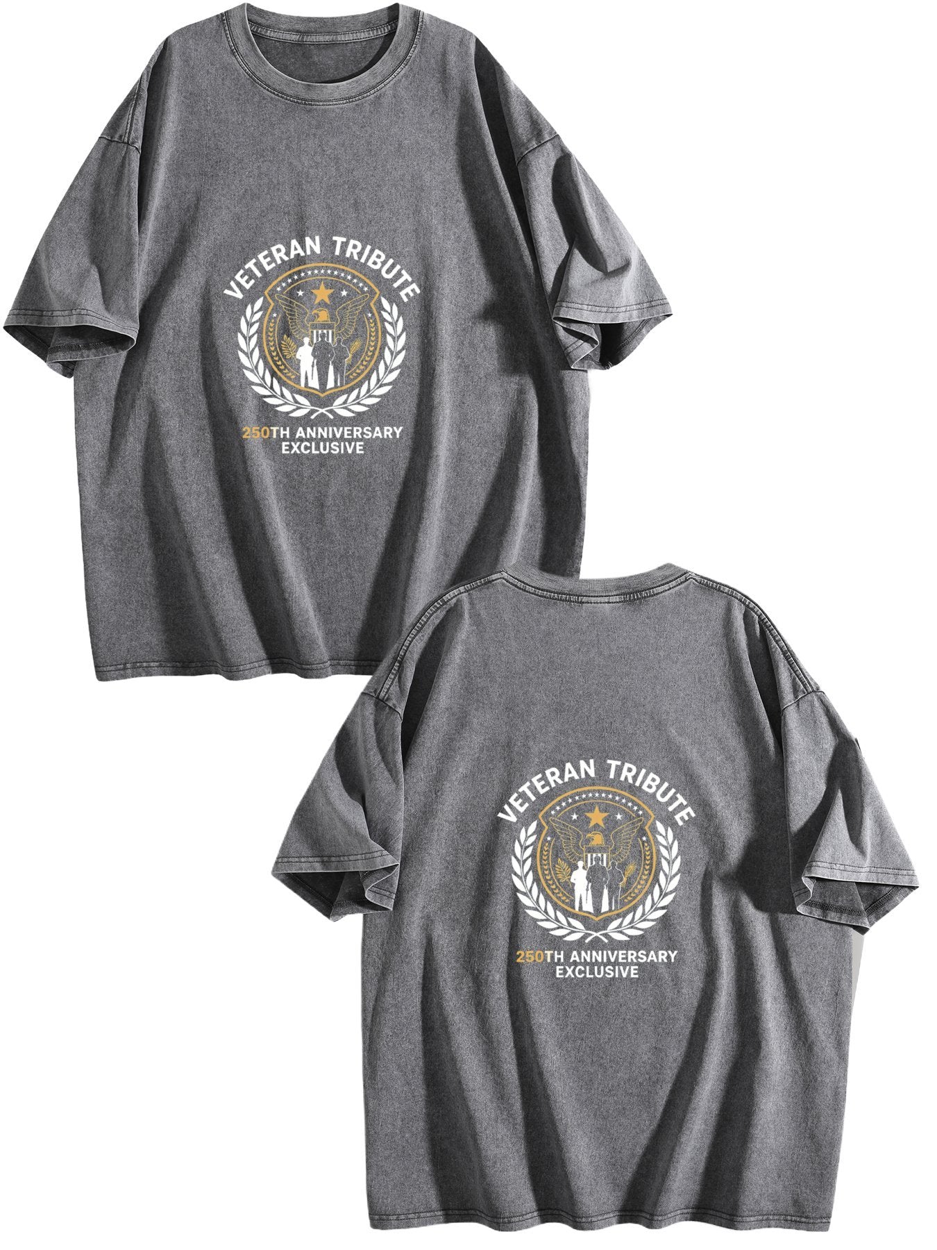 230g Pure Cotton Double-sided Print Adult's Patritic "Veteran Tribute" Graphic Washed T-Shirt, Casual Cotton Tee for Daily Wear