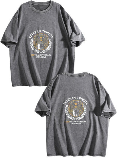 230g Pure Cotton Double-sided Print Adult's Patritic "Veteran Tribute" Graphic Washed T-Shirt, Casual Cotton Tee for Daily Wear