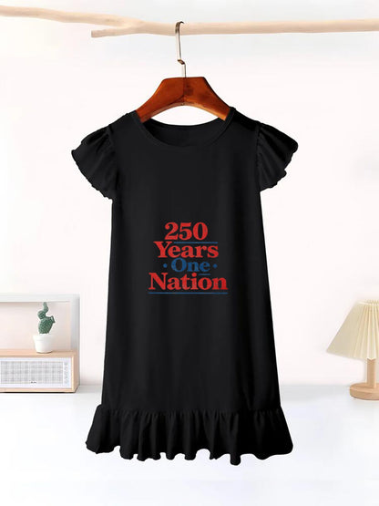 America 250th. Graphic Flutter Sleeve Dress, Soft Cotton Outfit for Girls Daily & Party