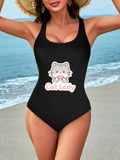 Unique "Cat Lady" Graphic One Piece Swimsuit, Trendy Outfit for Beach Pool & Vacation