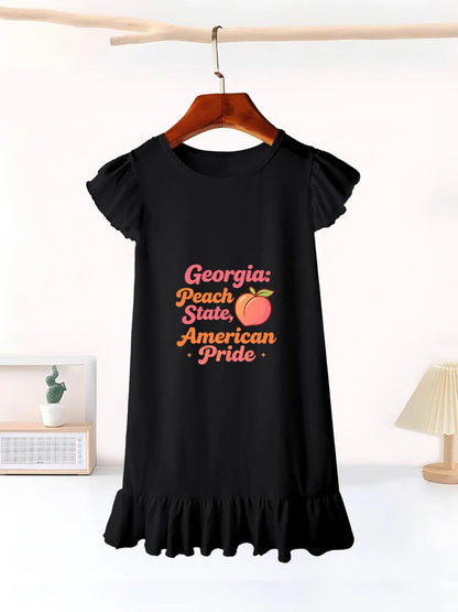 USA 250th. State Pride Graphic Flutter Sleeve Dress, Soft Cotton Outfit for Girls Daily & Party