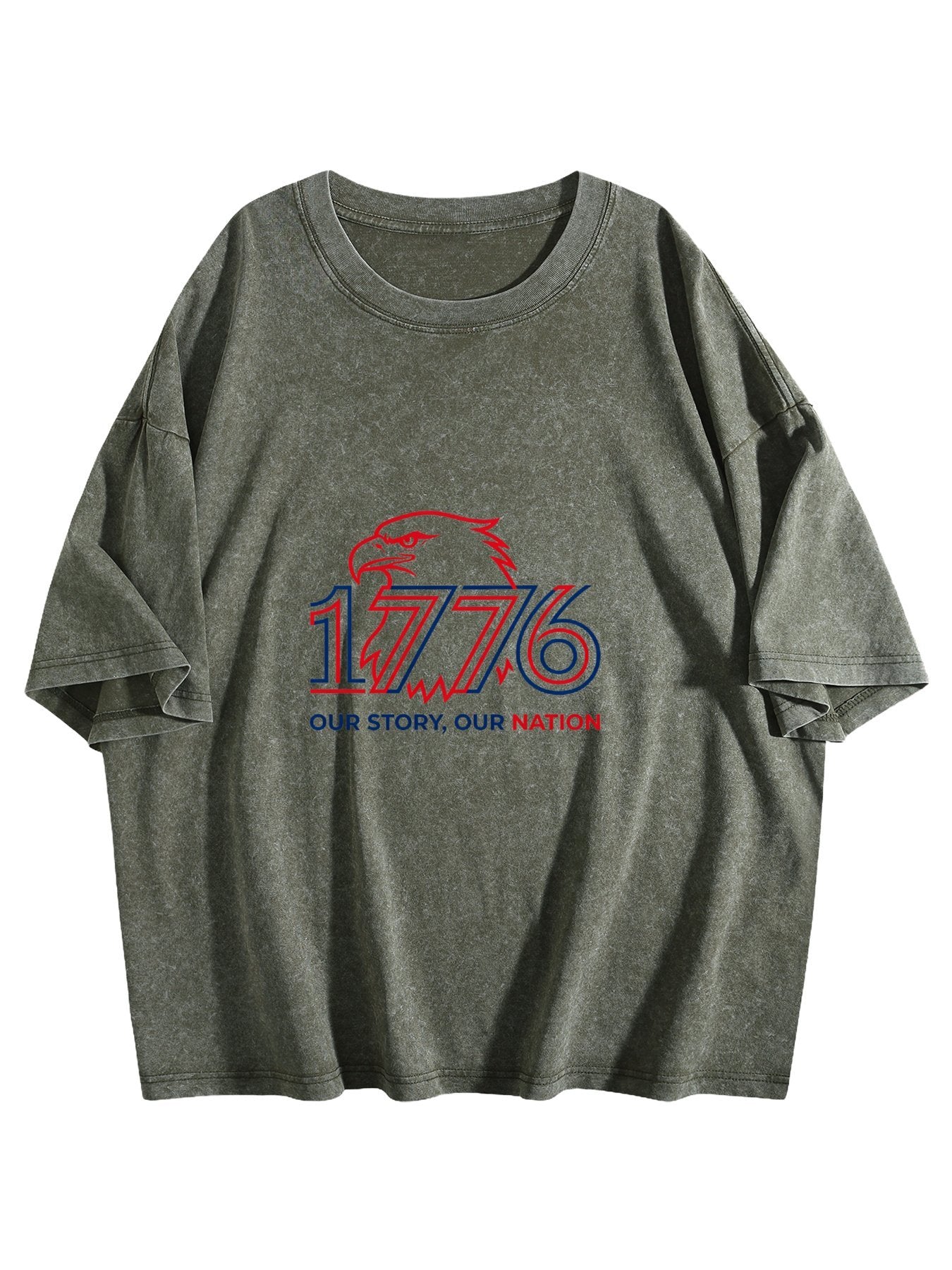 230g Pure Cotton Double-sided Print Adult's USA 250th "1776" Graphic Washed T-Shirt, Casual Cotton Tee for Daily Wear