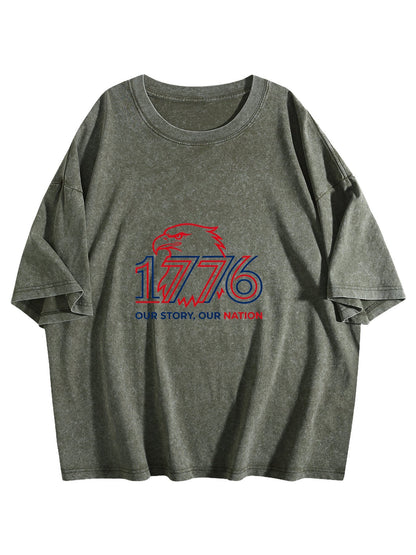230g Pure Cotton Double-sided Print Adult's USA 250th "1776" Graphic Washed T-Shirt, Casual Cotton Tee for Daily Wear