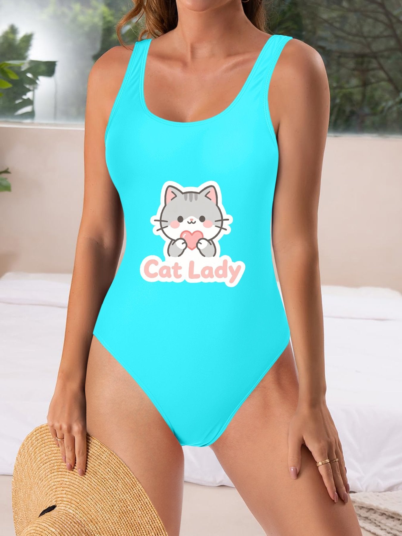 Unique "Cat Lady" Graphic One Piece Swimsuit, Trendy Outfit for Beach Pool & Vacation