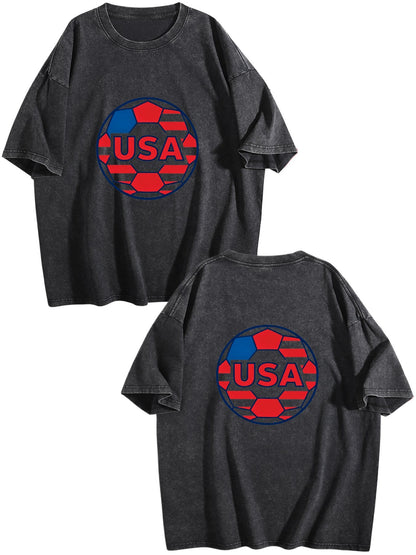 230g Pure Cotton Double-sided Print Adult's World Cup USA Graphic Washed T-Shirt, Casual Cotton Tee for Daily Wear