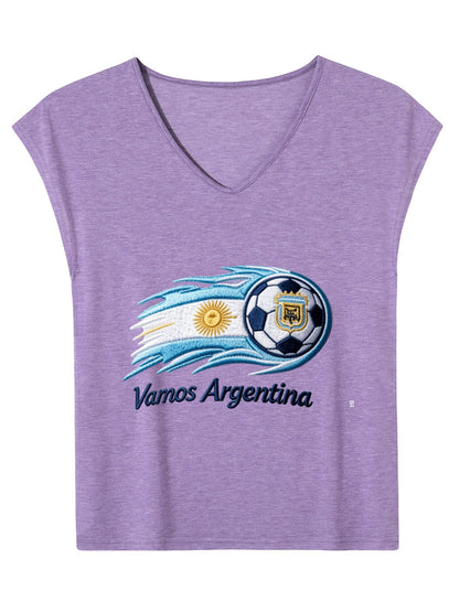 V-neck Sleeveless T-Shirt, Women's World Cup 2026  "Vamos Argentina" Graphic T-Shirt, USA Casual Cotton Tee