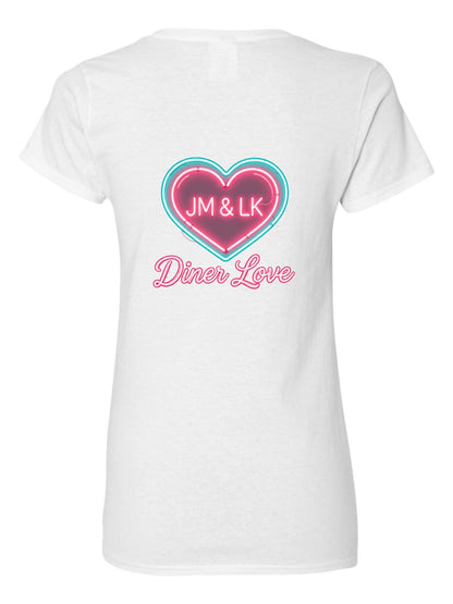 Pure Cotton V-neck Women's "Diner Love" Graphic T-Shirt, USA Casual Cotton Tee