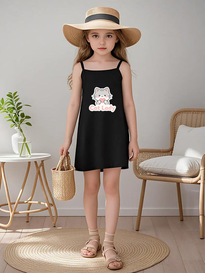 Cute Graphic Spaghetti Strap Dress, Soft Fabric Summer Outfit for Little Girls