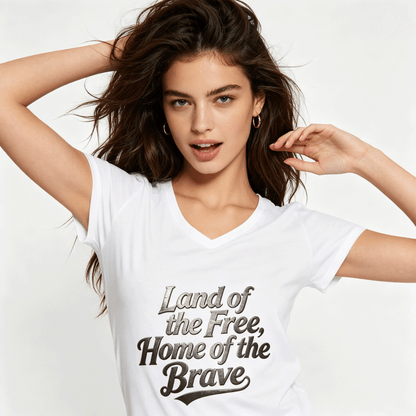 Pure Cotton V-neck Women's USA 250th. "Land of Free. Home of Brave" Graphic T-Shirt, USA Casual Cotton Tee