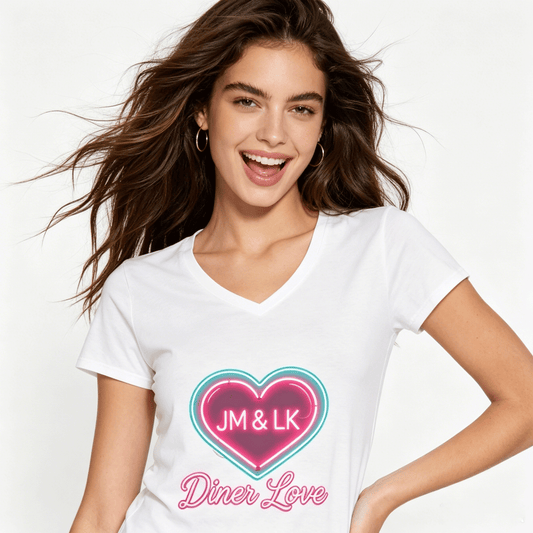 Pure Cotton V-neck Women's "Diner Love" Graphic T-Shirt, USA Casual Cotton Tee