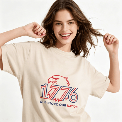 230g Pure Cotton Double-sided Print Adult's USA 250th "1776" Graphic Washed T-Shirt, Casual Cotton Tee for Daily Wear