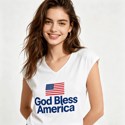 V-neck Sleeveless T-Shirt, Women's USA 250th.  "God Bless America" Graphic T-Shirt, USA Casual Cotton Tee