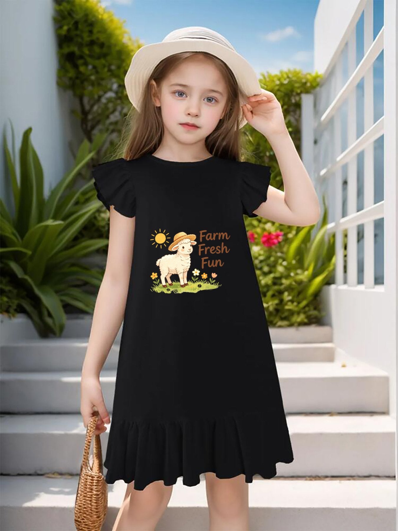 Cute "Farm Fresh Fun" Graphic Flutter Sleeve Dress, Soft Cotton Outfit for Girls Daily & Party