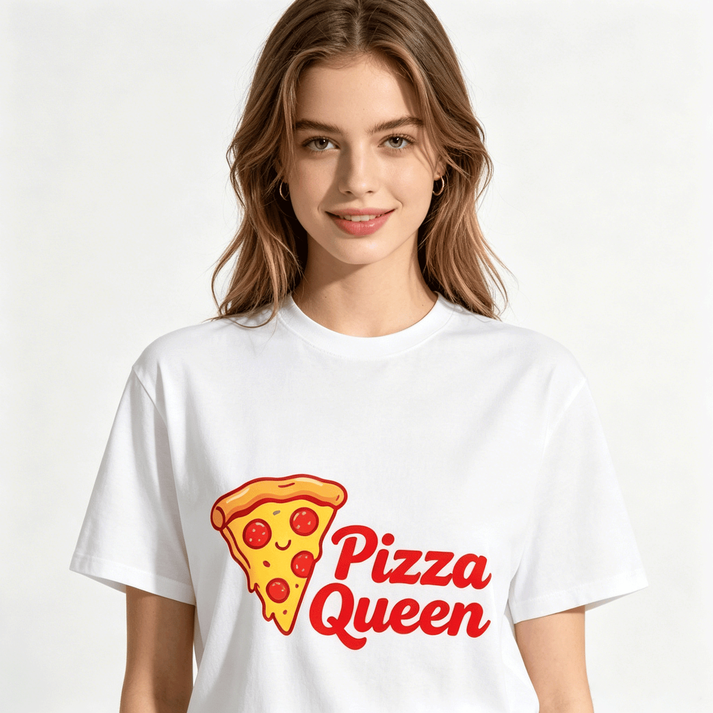 180g Pure Cotton Women's  "Pizza Queen" Graphic T-Shirt, USA Casual Cotton Tee