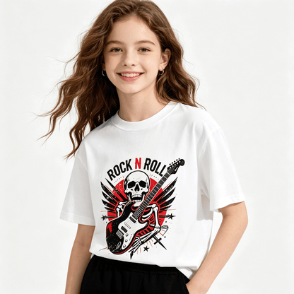 180g Pure Cotton Teenagers "ROCK N ROLL" Graphic Casual Cotton Tee for Boys Girls