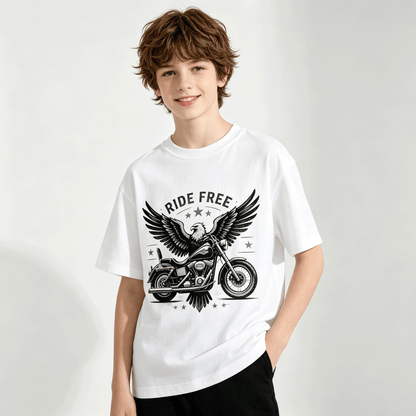 180g Pure Cotton Teenagers "Ride Free" Graphic Casual Cotton Tee for Boys Girls