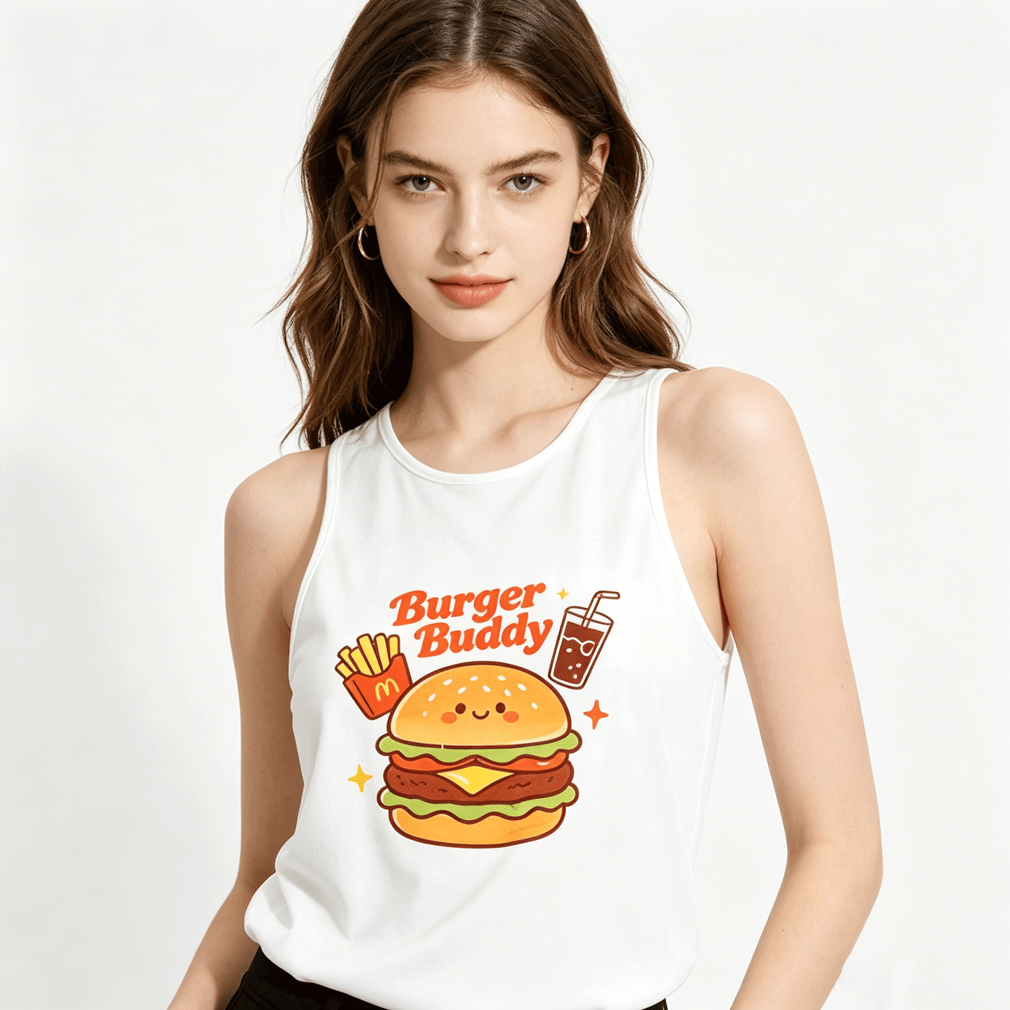 Women's "Burger Buddy" Sleeveless T-shirt, Casual Cotton Daily Wear Tank Top