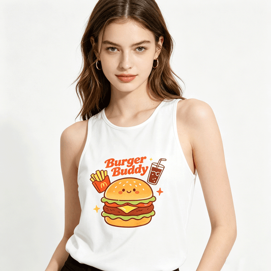 Women's "Burger Buddy" Sleeveless T-shirt, Casual Cotton Daily Wear Tank Top