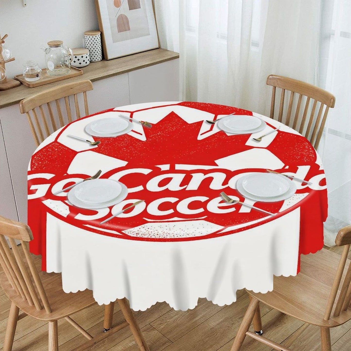 60"×60" Scalloped Edge Table Cover, World Cup 2026 "Go Canada Soccer" Graphic Washable Decor Cover for Party & Daily Dining