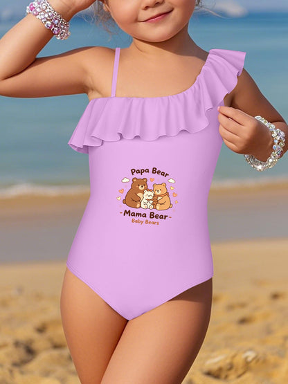 "Family Bear" Printed Ruffled One Piece Swimsuit, Cute Summer Bathing Suit for Girls Beach Pool Party