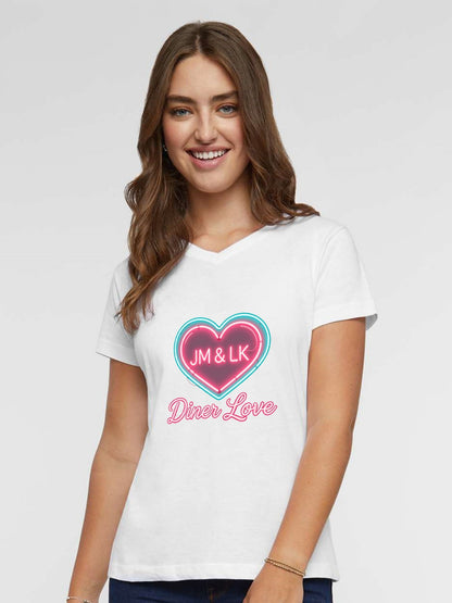 Pure Cotton V-neck Women's "Diner Love" Graphic T-Shirt, USA Casual Cotton Tee