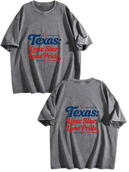 230g Pure Cotton Double-sided Print Adult's USA 250th. Texas Pride Graphic Washed T-Shirt, Casual Cotton Tee for Daily Wear