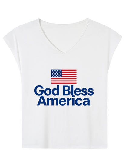 V-neck Sleeveless T-Shirt, Women's USA 250th.  "God Bless America" Graphic T-Shirt, USA Casual Cotton Tee