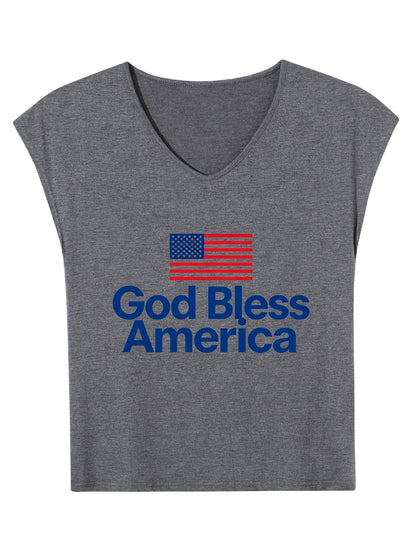 V-neck Sleeveless T-Shirt, Women's USA 250th.  "God Bless America" Graphic T-Shirt, USA Casual Cotton Tee