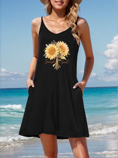 Floral Printed Customize Women's Graphic Strap Dress, Casual Sleeveless Summer Dress