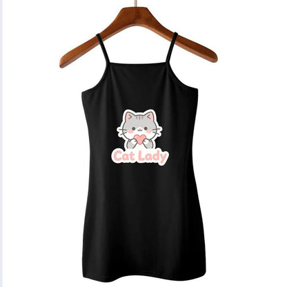 Cute Graphic Spaghetti Strap Dress, Soft Fabric Summer Outfit for Little Girls