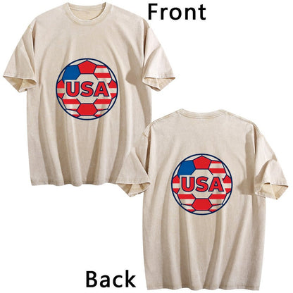 230g Pure Cotton Double-sided Print Adult's World Cup USA Graphic Washed T-Shirt, Casual Cotton Tee for Daily Wear