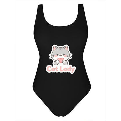 Unique "Cat Lady" Graphic One Piece Swimsuit, Trendy Outfit for Beach Pool & Vacation
