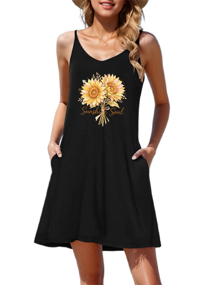 Floral Printed Customize Women's Graphic Strap Dress, Casual Sleeveless Summer Dress