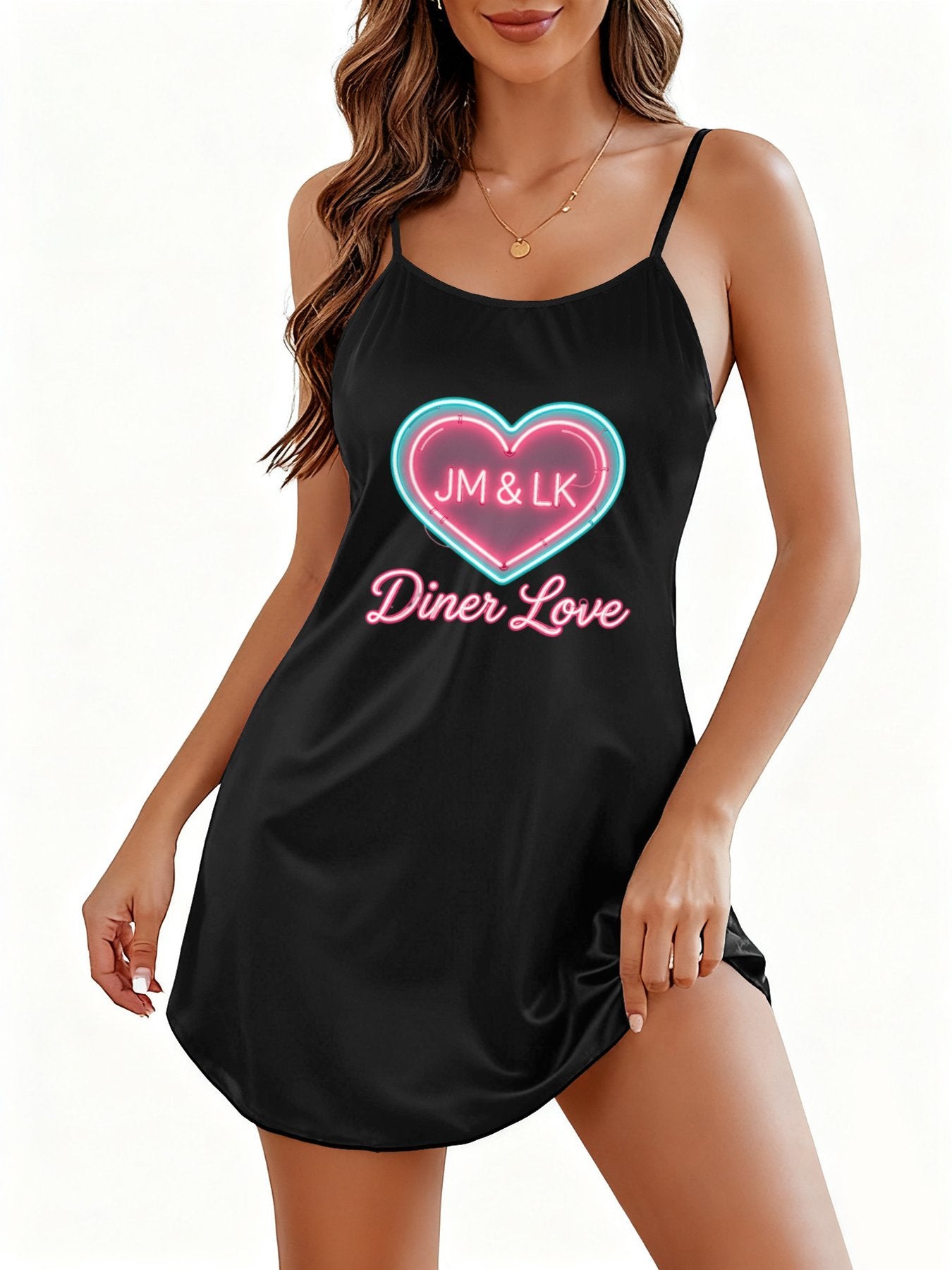 Personalized Print Women Sling Pajama Breathable Soft Sleep Set, Cami Sleepwear Elegant Ladies Home Night Clothes