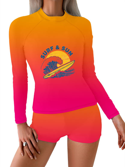 Printed Surf Wear Set, "Surf & Sun". Graphic Customize Comfort Stretchy Bathing Suit for Ladies Outdoor Water Sports