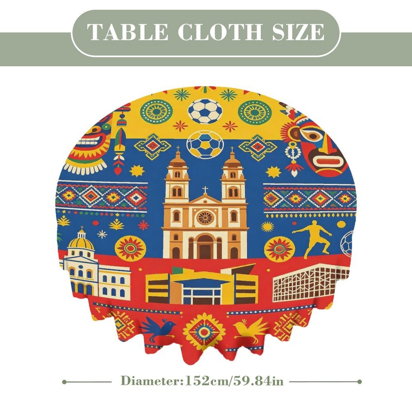 60"×60" Scalloped Edge Table Cover, World Cup 2026 "Colombia" Graphic Washable Decor Cover for Party & Daily Dining