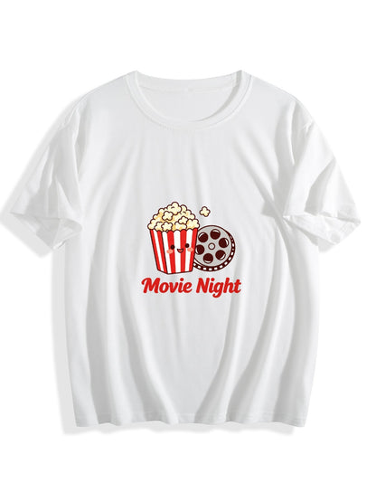 180g Women's "Movie Tonight" Graphic T-Shirt, Casual Cotton Tee for Daily Wear