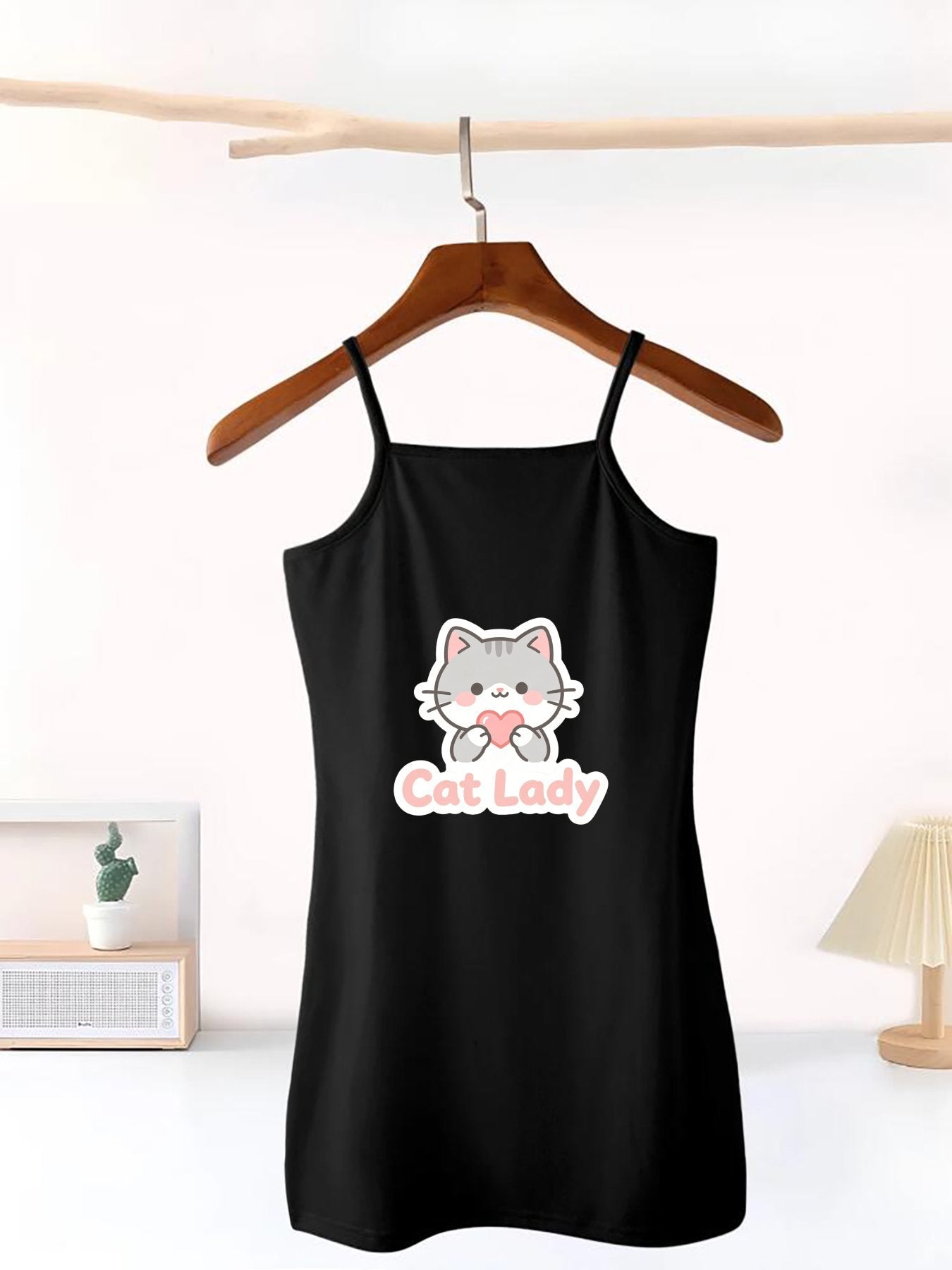 Cute Graphic Spaghetti Strap Dress, Soft Fabric Summer Outfit for Little Girls
