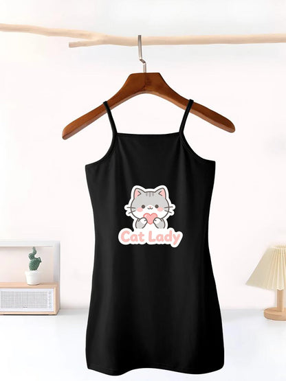 Cute Graphic Spaghetti Strap Dress, Soft Fabric Summer Outfit for Little Girls