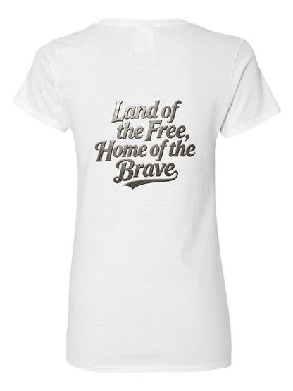 Pure Cotton V-neck Women's USA 250th. "Land of Free. Home of Brave" Graphic T-Shirt, USA Casual Cotton Tee