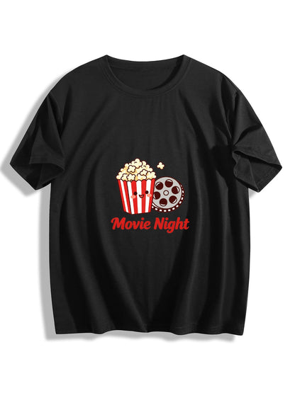 180g Women's "Movie Tonight" Graphic T-Shirt, Casual Cotton Tee for Daily Wear