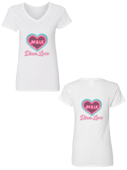 Pure Cotton V-neck Women's "Diner Love" Graphic T-Shirt, USA Casual Cotton Tee