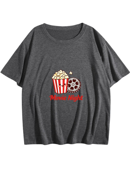 180g Women's "Movie Tonight" Graphic T-Shirt, Casual Cotton Tee for Daily Wear