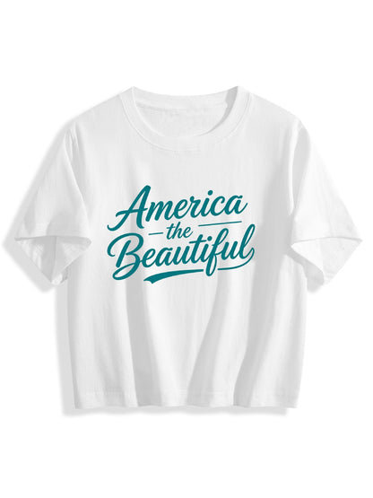 180g Pure Cotton Women's USA 250th. "America the Beautiful" Graphic T-Shirt,  Casual Cotton Tee for Daily Wear