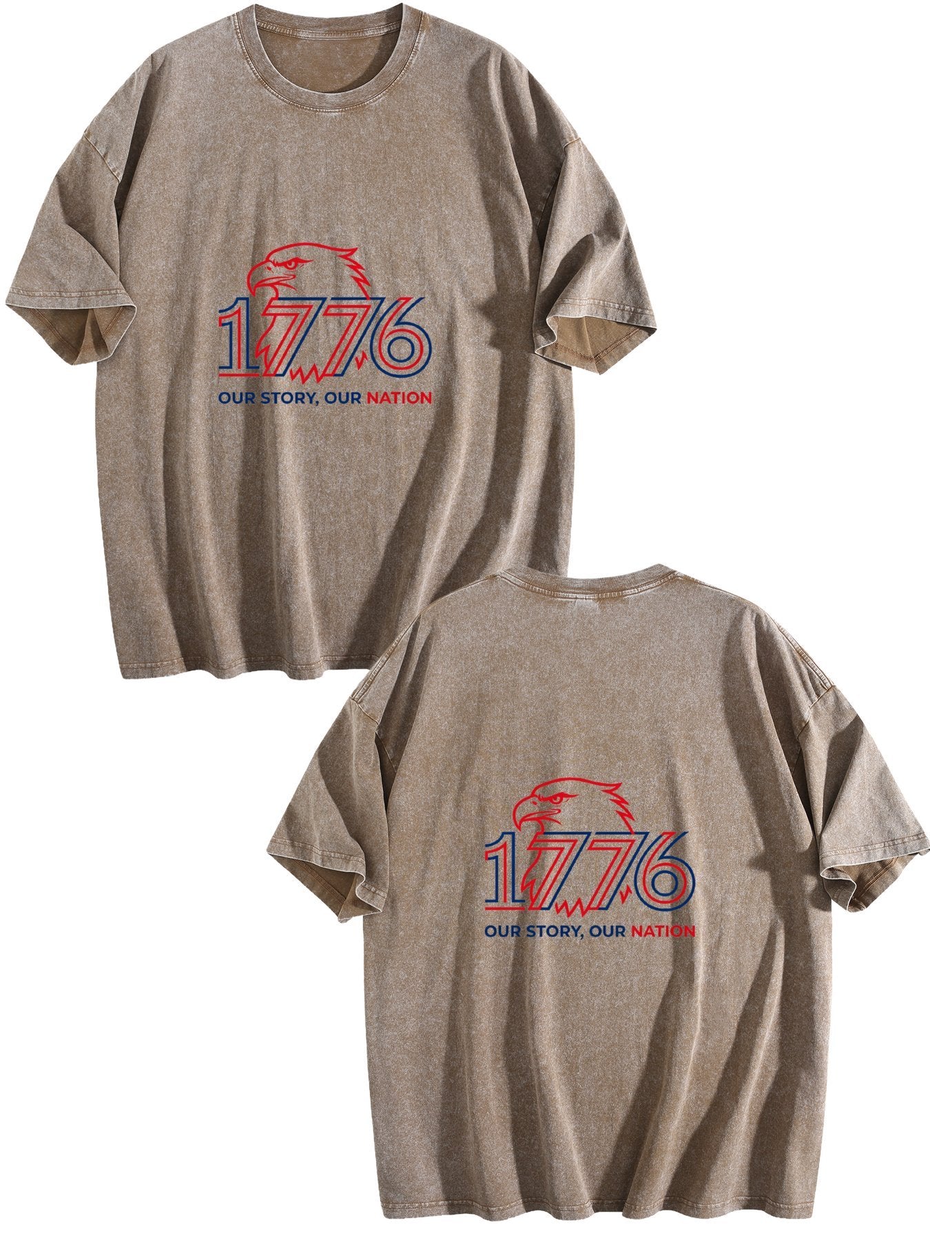 230g Pure Cotton Double-sided Print Adult's USA 250th "1776" Graphic Washed T-Shirt, Casual Cotton Tee for Daily Wear