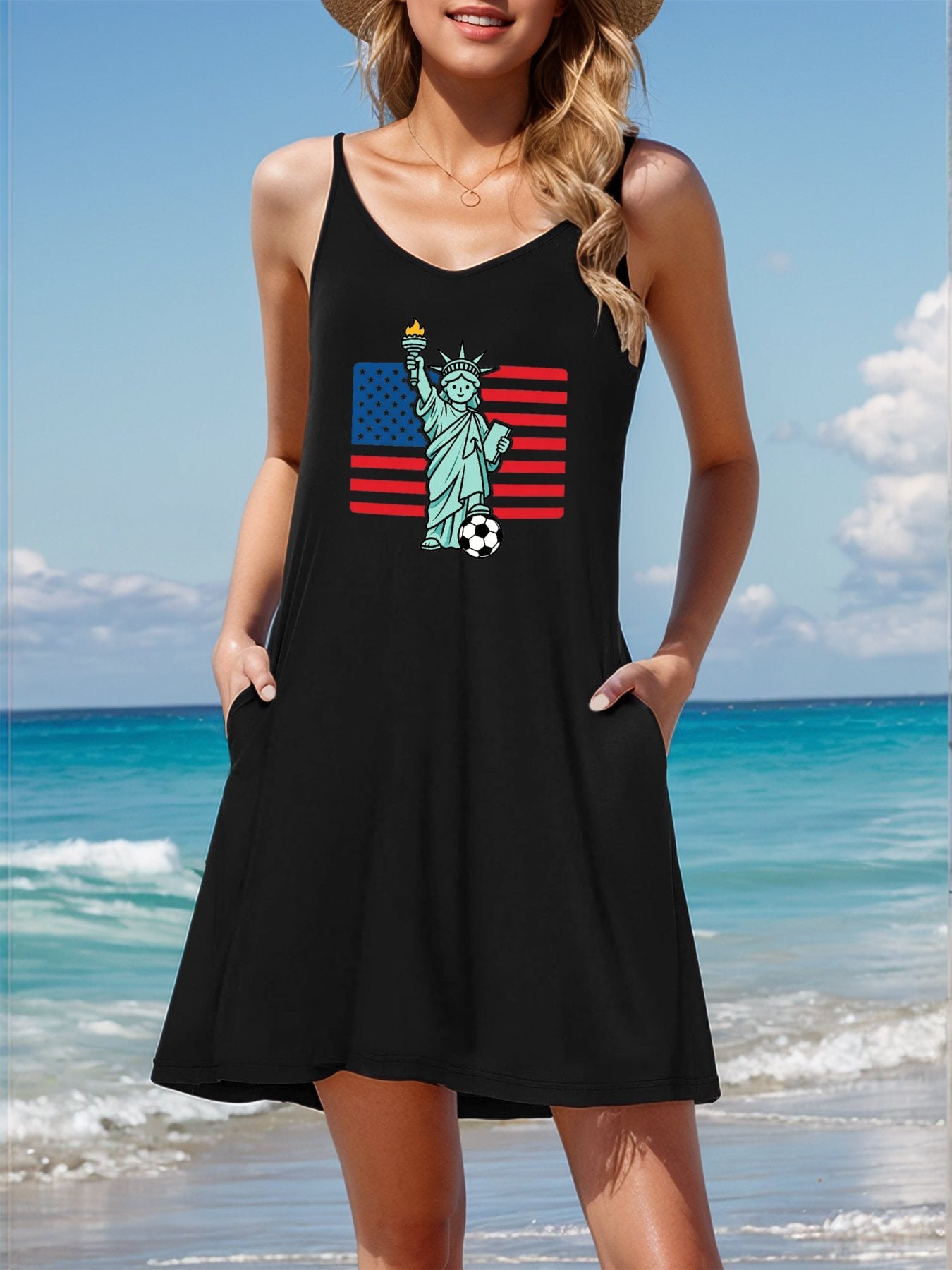 World Cup USA Graphic Women's Graphic Strap Dress, Casual Sleeveless Summer Dress