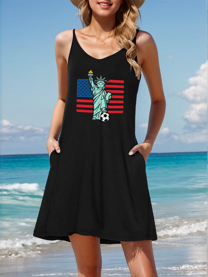 World Cup USA Graphic Women's Graphic Strap Dress, Casual Sleeveless Summer Dress